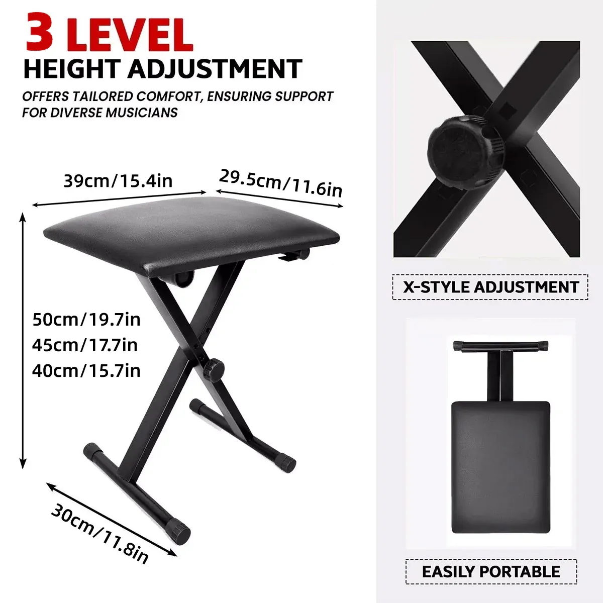 Electronic Organ Stool Three Level Adjustable Foldable Performance Chair Music โ image 3