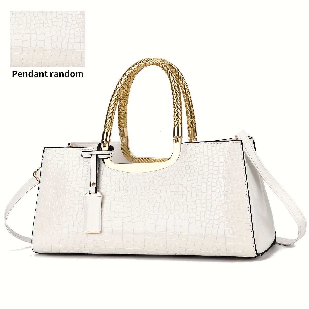 Black Tote Bag Patent Croc Embossed Gold Handles Stylish Accessory High Quality - Light Gray - Size L — image 2