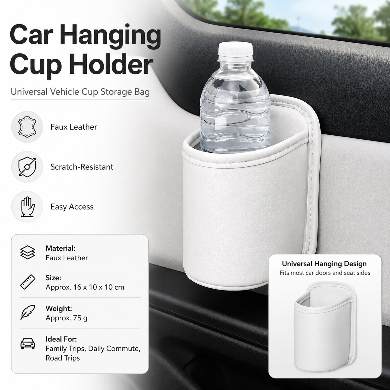 White Universal Car Door Cup Holder - PU Leather Hanging Storage Organizer for Seat Back and Console side and Door storage compartment - Multi-Purpose Beverage