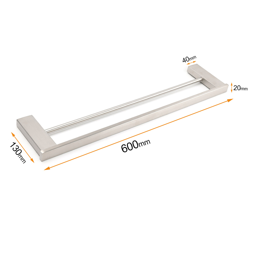 Brushed Nickel Square Towel Rail Rack 600mm Double Hanger Holder Bar Bathroom โ image 2