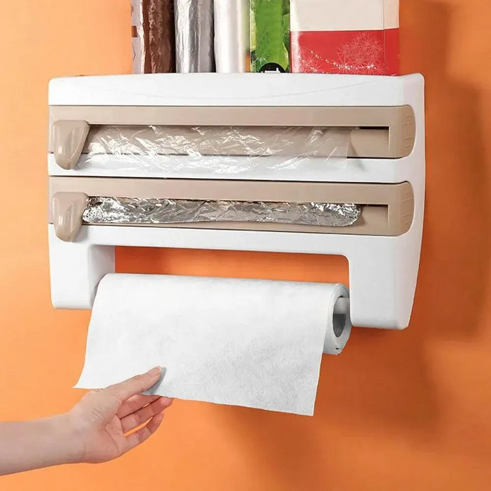 4In1 Wall Mount Kitchen Holder Foil Towel Roll Cling Wrap Rack Dispenser Cutter - Khaki โ image 6