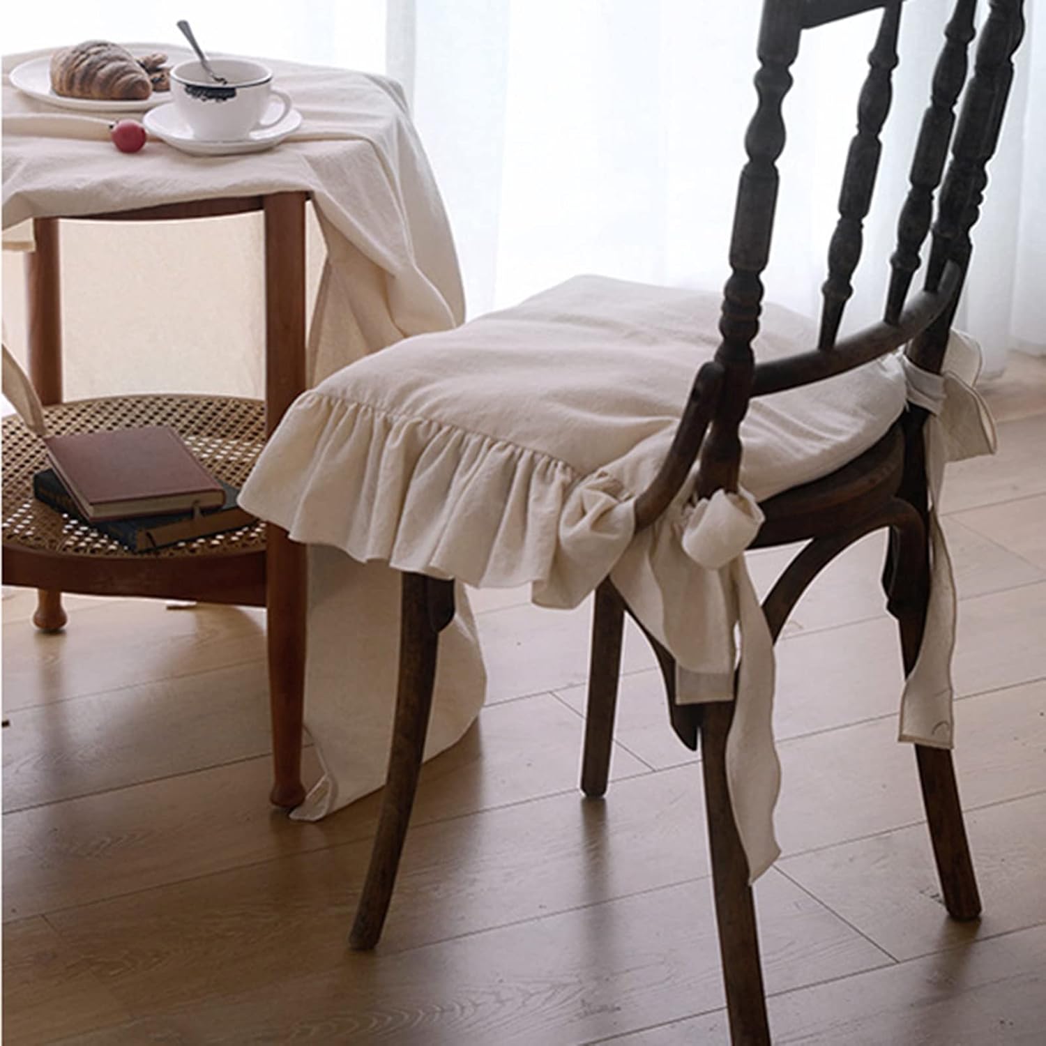 Ruffled Chair Cushions with Ties Elegant Vintage Cotton Chair Pads Soft Cotton Filled Seat Cushion for Farmhouse Home Kitchen Dining,Flesh,37 × 37cm — image 4