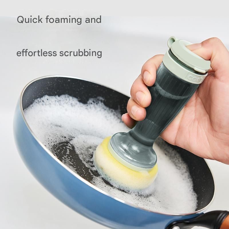 Grey Liquid Dispensing Kitchen Brush - 120ml Handle Reservoir, Replaceable Bristle and Sponge Heads, Ergonomic Long Handle for Pots Pans and โ image 2
