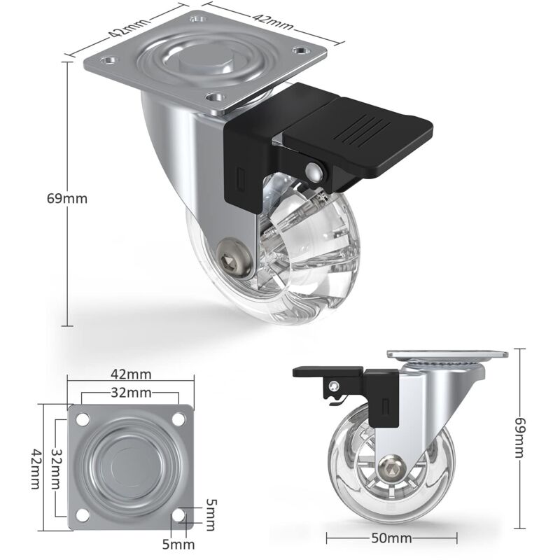 4 pcs Set Furniture Casters With Brakes, 360° Swivel Casters, Up To 600Kg, No Marks On The Floor, Screws Included — image 2