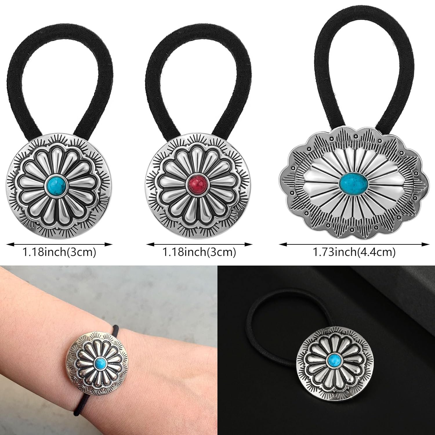 6 Pcs Western Ponytail Holders Metal Boho Hair Ties Flower Circular Hair Ropes Vintage Turquoise Concho Squash Blossom Hair Bands Decoration Accessories for — image 2