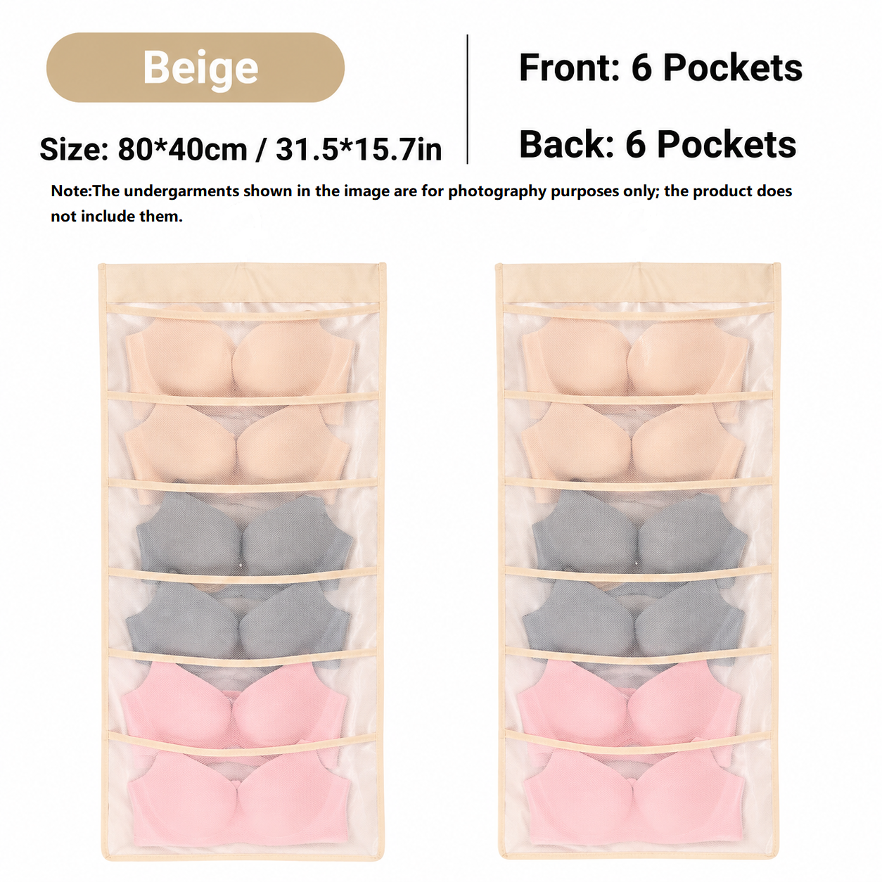 Beige Double-Sided Hanging Underwear Organizer（6 pockets on the front + 6 pockets on the back） - Breathable Non-Woven Mesh Storage Bag with Multiple