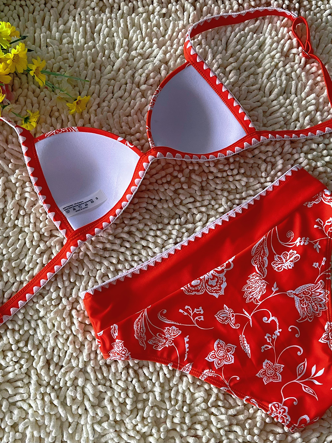 New Hard Cup Bra Padded High Waist Floral Printed Swimsuit Orange Bikini Size L — image 3