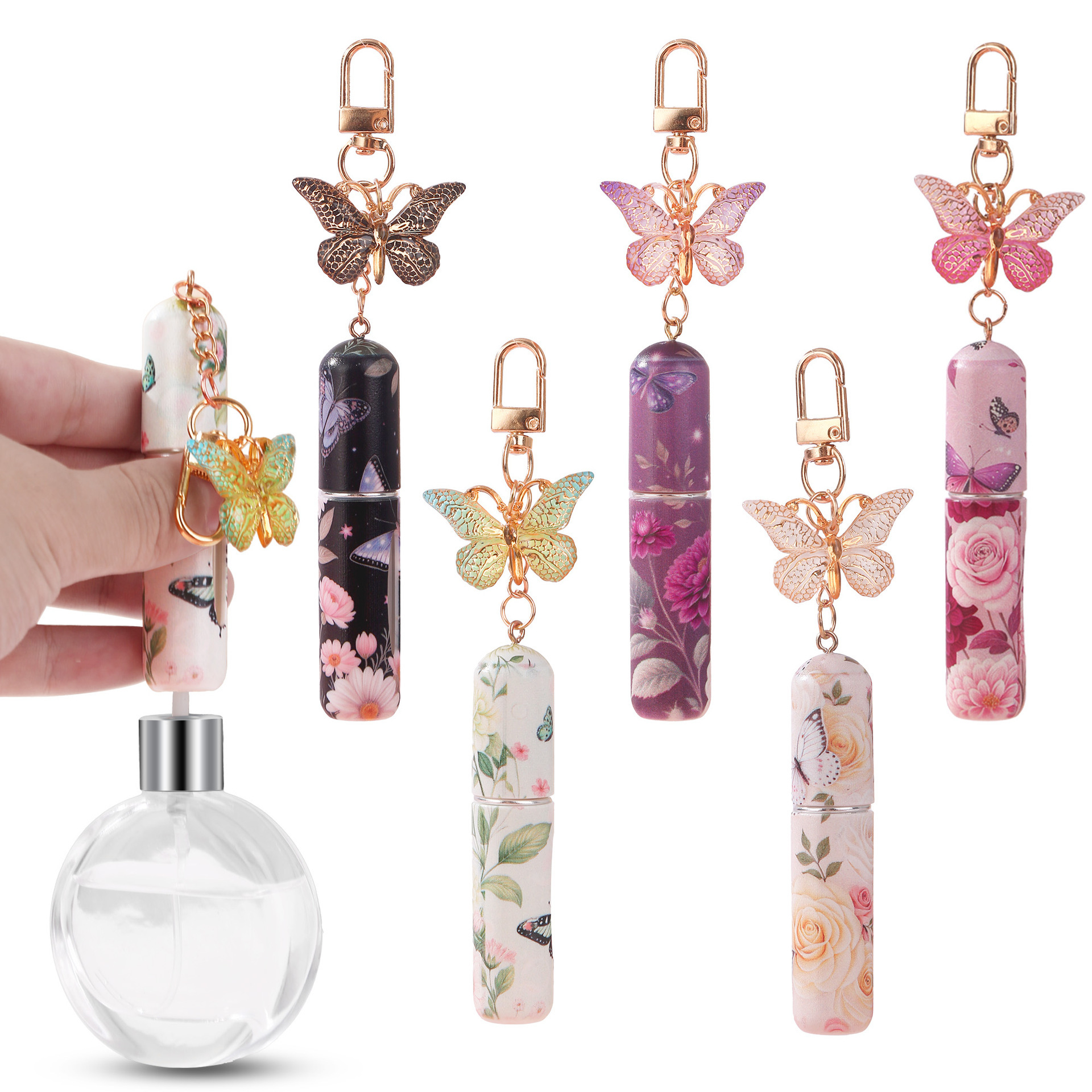 Light Green 3 Pcs Portable 5ml Perfume Atomiser Keychain - Refillable Floral Spray Bottle with Butterfly Charm for Travel & Handbag โ image 3