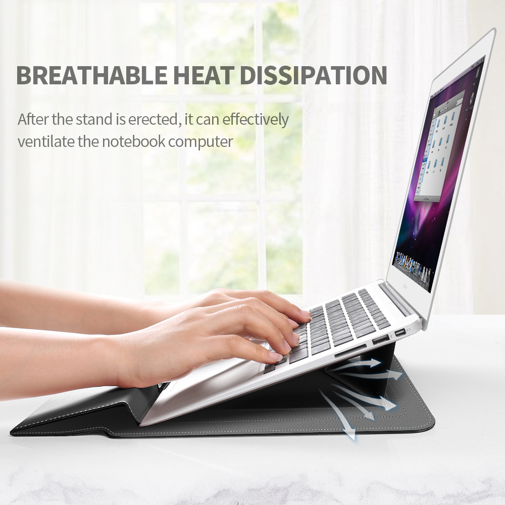 Brown 3-in-1 Laptop Sleeve with Built-In Stand & Wrist Rest – Waterproof PU Protective Case for 13/14 Inch Laptops, Portable and Ergonomic Design — image 5