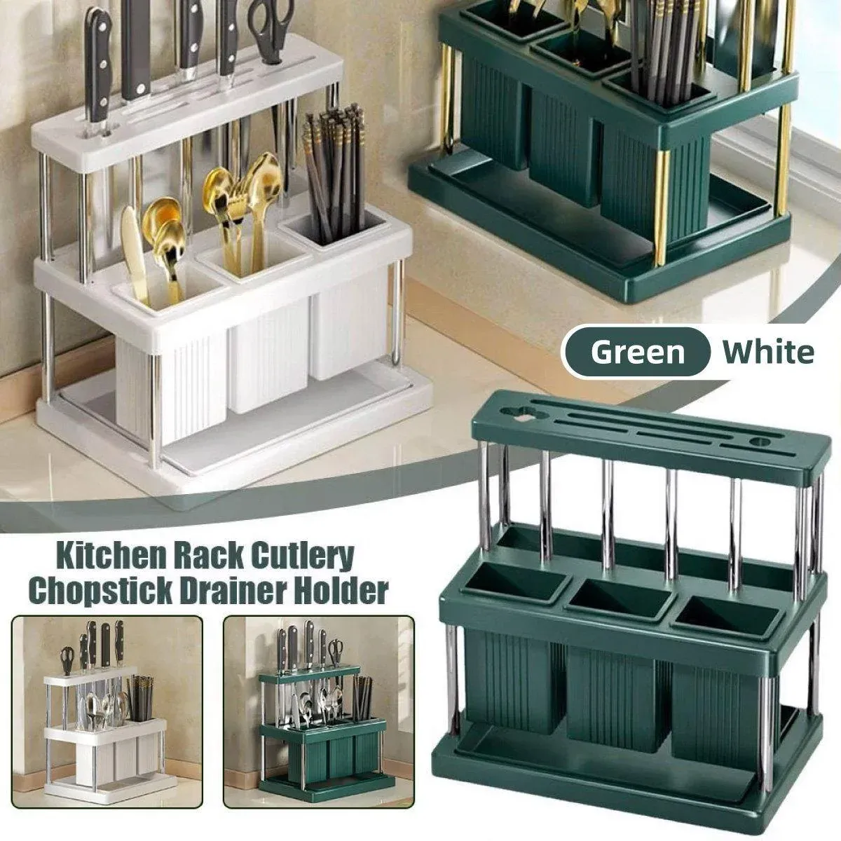 Cutlery Holder Storage Caddy Kitchen Utensil Drying Rack For Spoon Fork Knife - Green โ image 2
