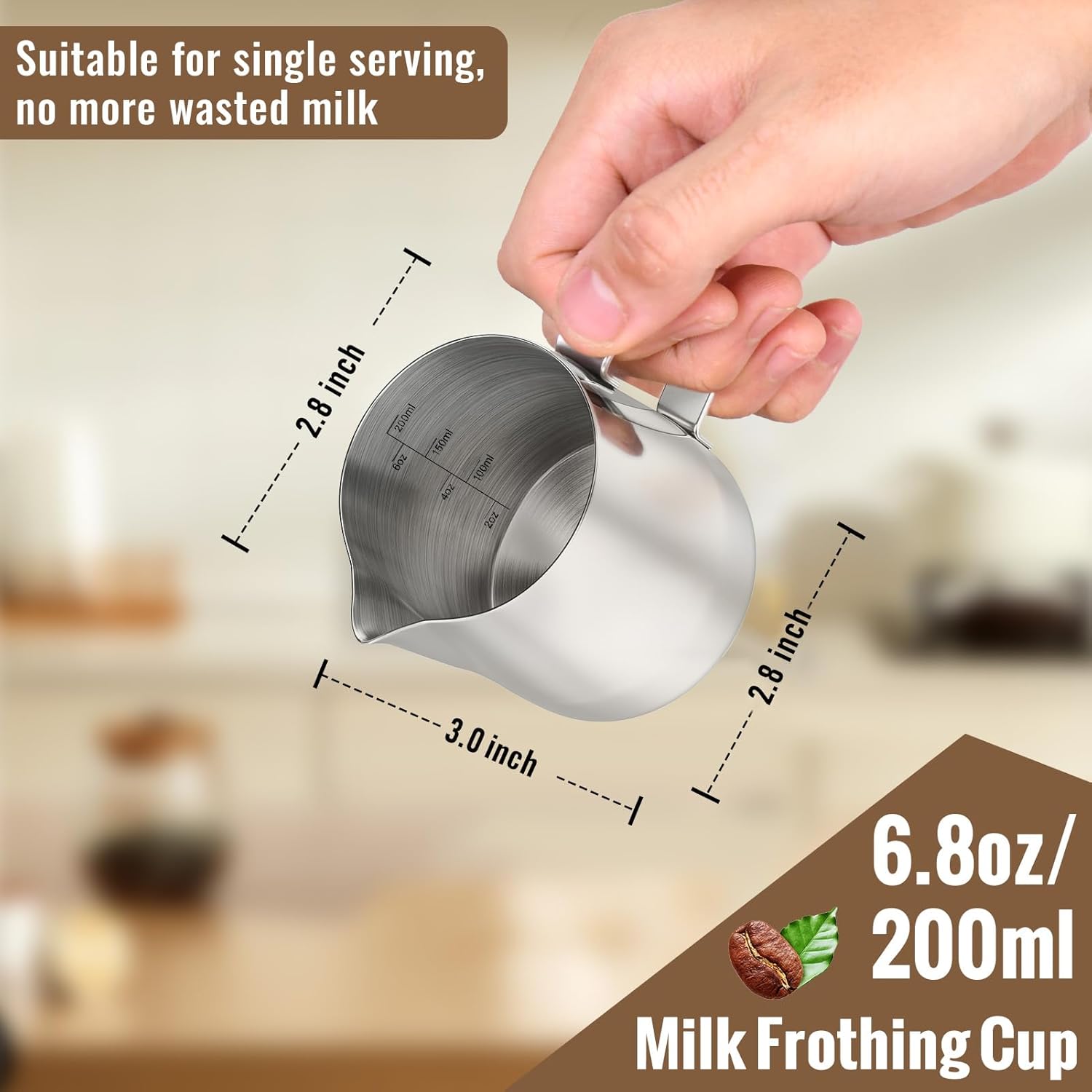 Milk Frothing Pitcher, 6.8oz/200ml Stainless Steel Milk Frother Cup, Small Steaming Pitcher for Espresso Machine, Latte Art Pour Cup โ image 2