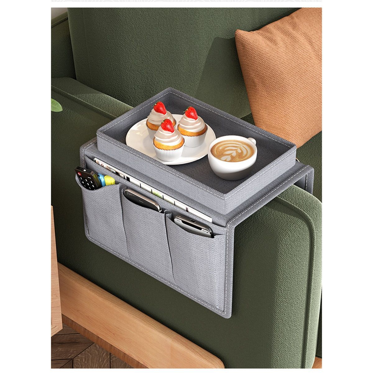 Sofa Armrest Organizer with Cup Holder Tray Chair Arm TV Remote Holder for Recliner Couch Armchair Caddy Bedside Storage Pockets Bag for Cellphone Tablet Book โ image 4