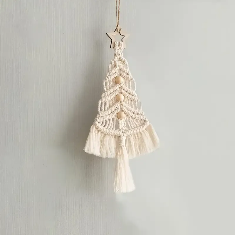 Bohemian woven Christmas tree wall hanging, handmade from pure cotton, accented with wooden beads and tassels, an artistic and healing holiday decoration