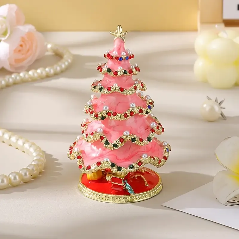 Enamel Christmas Tree Jewelry Box – Rhinestone & Pearl Luxe Desk Decor, Ring & Earring Storage, Perfect for Christmas, Birthdays, Housewarmings, Ideal Gift for — image 2