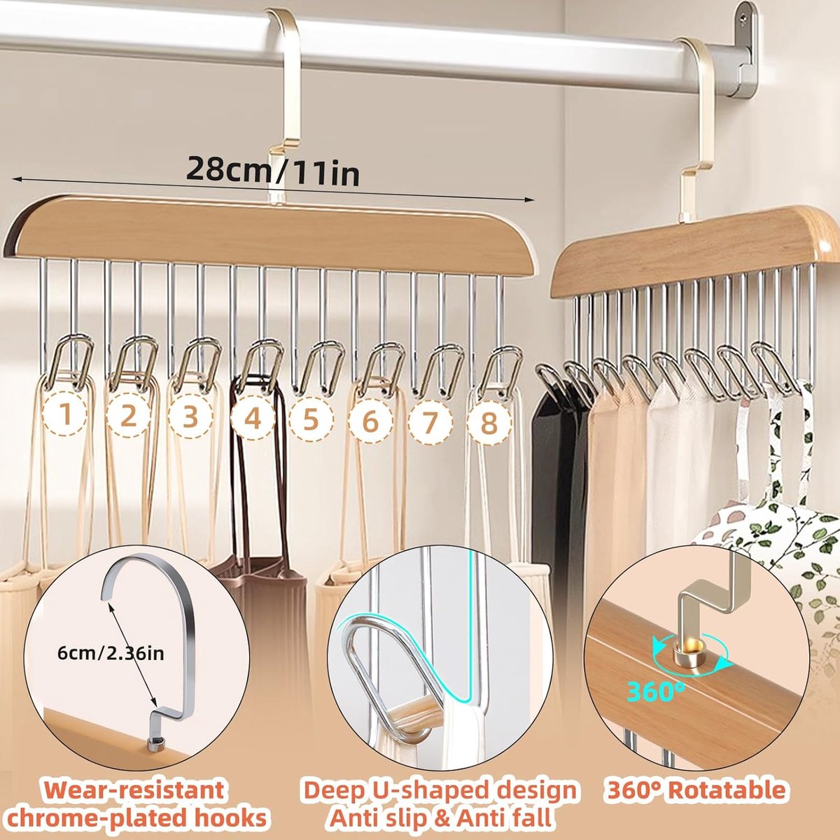 2 pieces - Clothes hanger - belt holders - scarf rack - bra holders - tie hangers for the closet - wooden bra hangers - with 8 hooks - 360° rotatable tank top — image 2