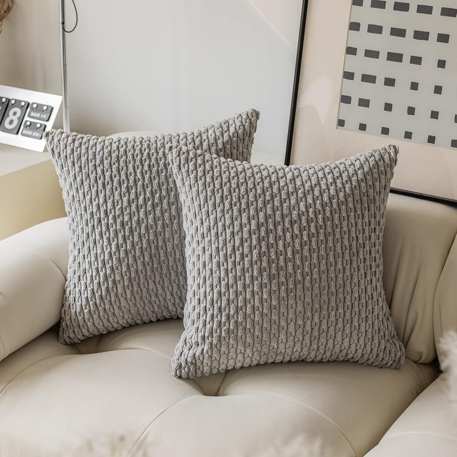 2 Pack Striped Velvet Corduroy Pillow Covers, Decorative Throw Cushion Cases for Couch, Sofa and Bed, 22 x 22-Inch, Light Grey