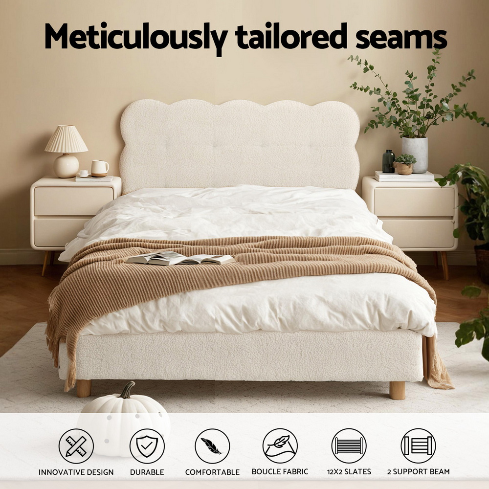 Artiss King Single Bed Frame Cloud Headboard Boucle Fabric Mattress Platform Base White โ image 5