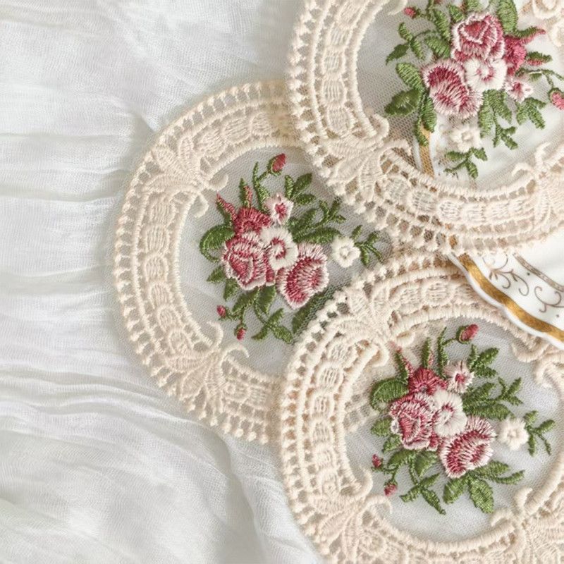 6 Pack Beige Vintage Rose Embroidered Lace Coasters, French Ins Style Round Mesh Heat Resistant Cup Mats β image 2