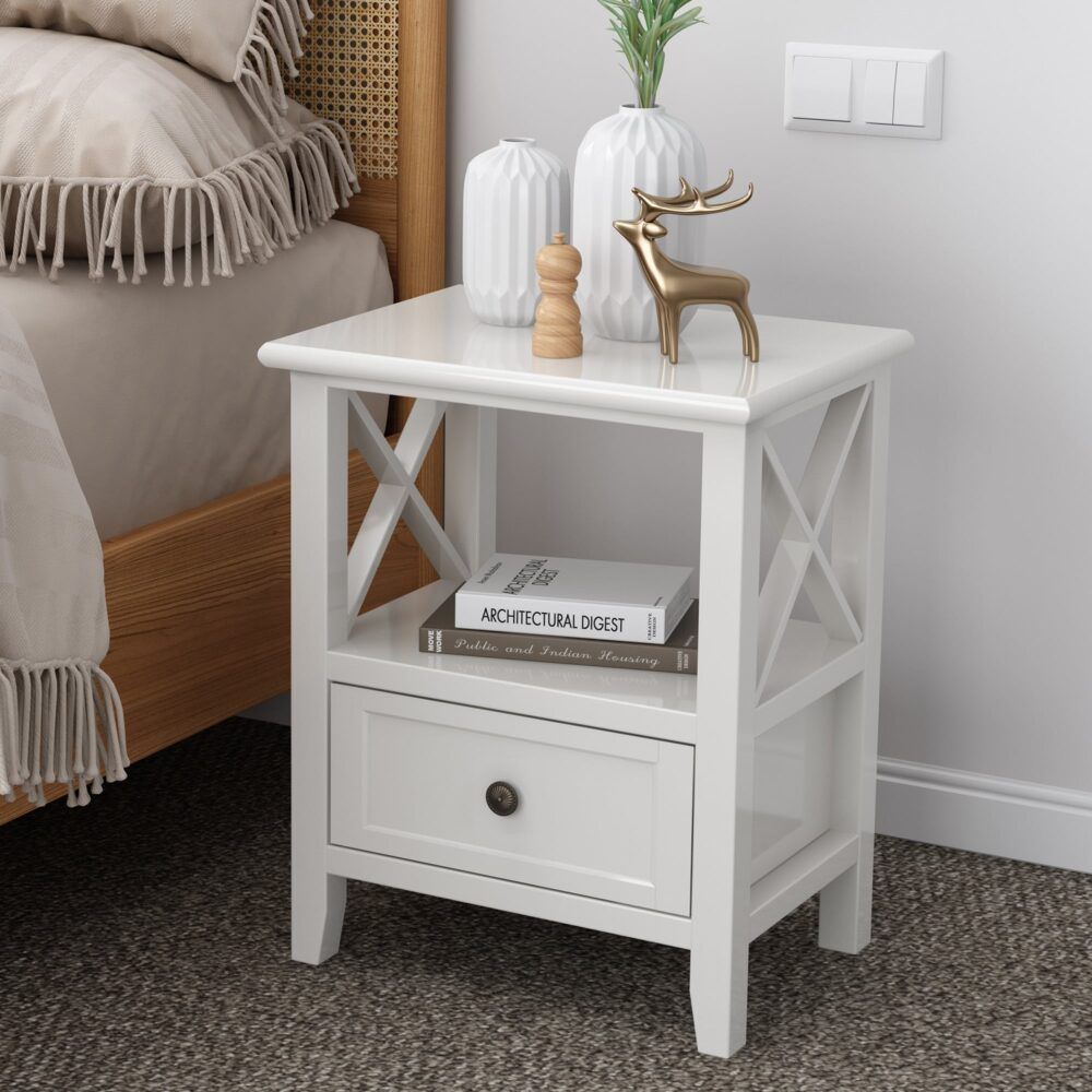 2-tier Bedside Table with Storage Drawer 2 PC Rustic White — image 6