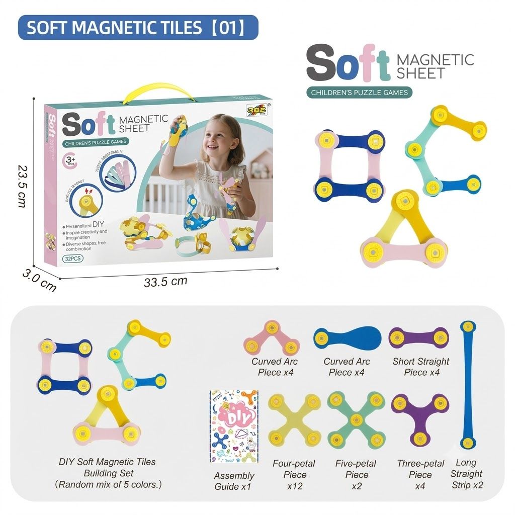 Kids 3D Soft Magnetic Building Tiles Toy Set, Creative DIY Puzzle Blocks for Ages 3+ - Develops Fine Motor Skills & Imagination, Ideal Birthday Gift for Girls