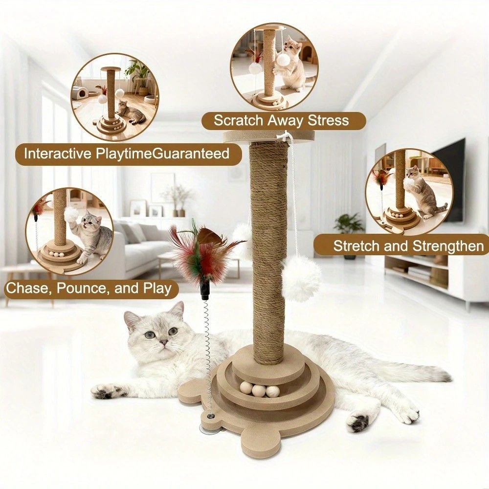Bestselling Interactive Cat Scratching Post | Sisal Scratching Board + Rotating Ball Track + Feather Toy, Multi-functional Cat Tower for Solo Play and Stress โ image 6