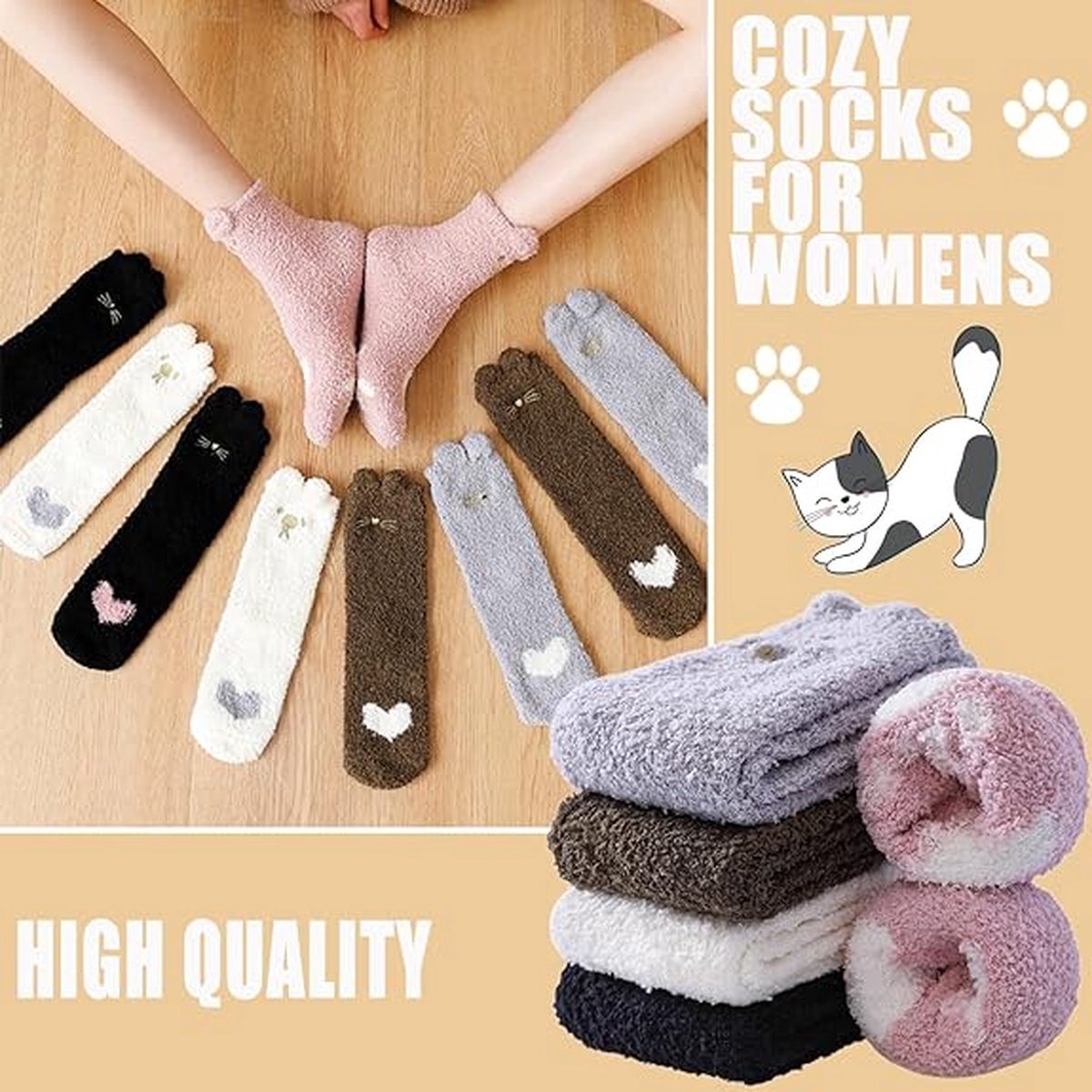 Warm Winter Socks Ladies - Set of 5 Pairs - Ladies Plush Socks - Women's Socks - House Socks - Sleep Socks - Fluffy Socks - Cat Claw - Cute Animal Socks — image 4