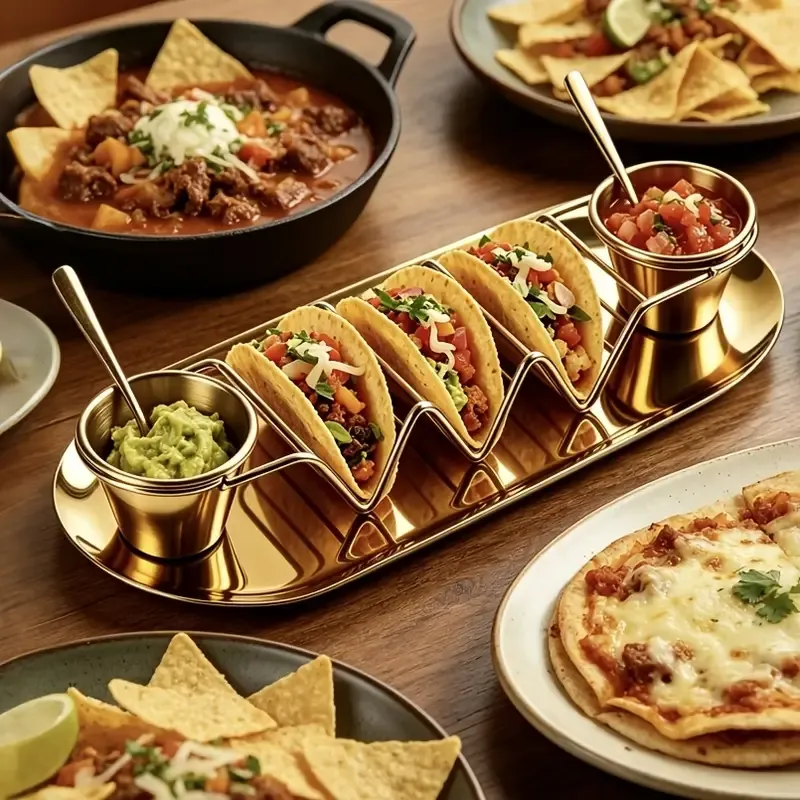 6-Piece Luxury Stainless Steel Burrito Serving Set – Polished mirror finish, complete with burrito holder, serving tray, and sauce cups. (Gold) — image 2