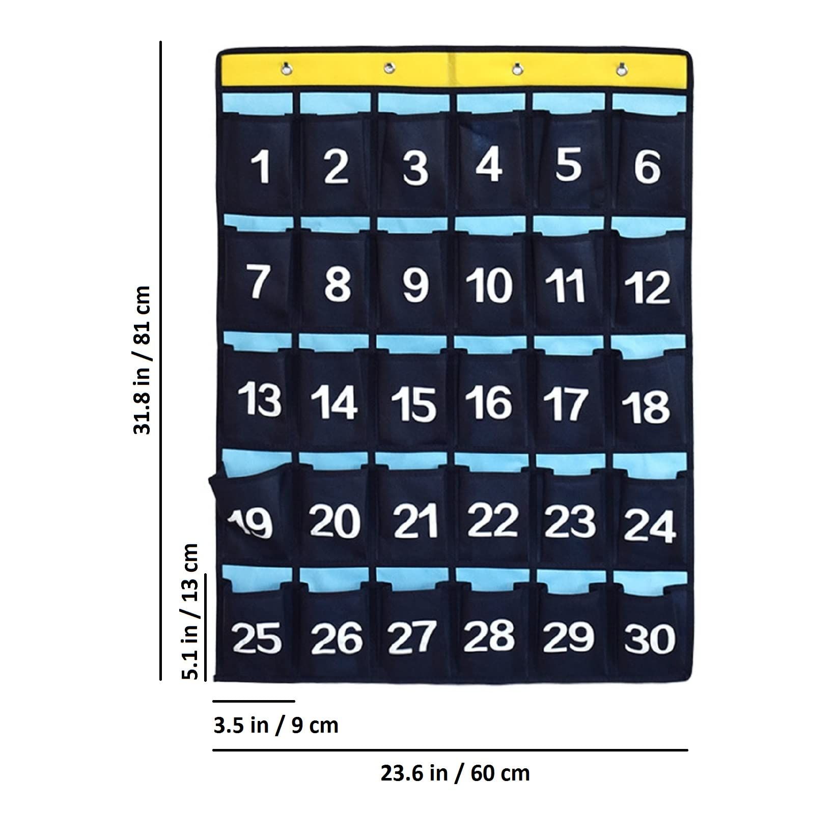 Numbered Pocket Chart Over Door Hanging Classroom Organizer for Cell Phones Calculators Holders Blue (30 Pockets) — image 3