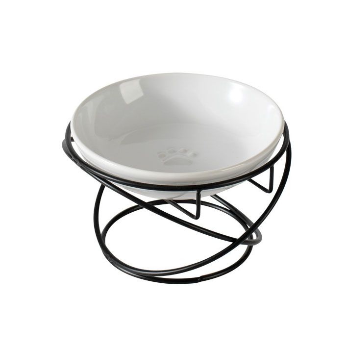 Raised Ceramic Pet Bowl with Metal Stand White - Paw Print Cat and Dog Feeding Bowl, Removable Easy-Clean Dish with Elevated Design for Food and Water