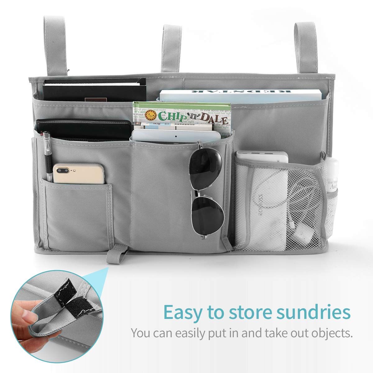 Bedside Caddy, Hanging Storage Bag Holder Beside Organizer with 8 Pockets for Bunk Dorm Rooms and Hospital Bed Rails, Grey โ image 4