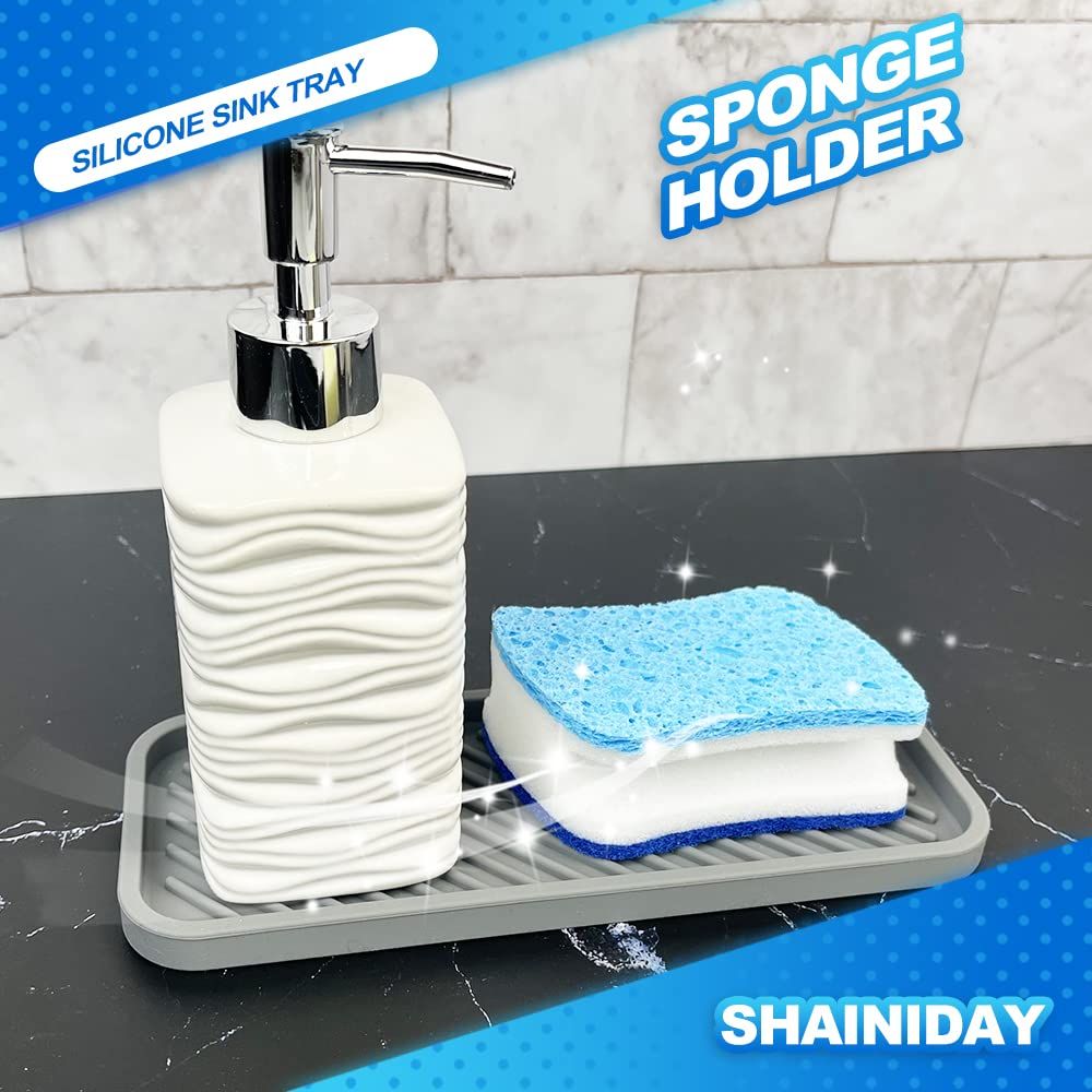 1 Piece Silicone Sponge Holder, Kitchen Sink Tray, Bathroom, Shower, Bath Tub Soap Dish, Bottle Brush Organizer Dispenser (Grey) — image 2