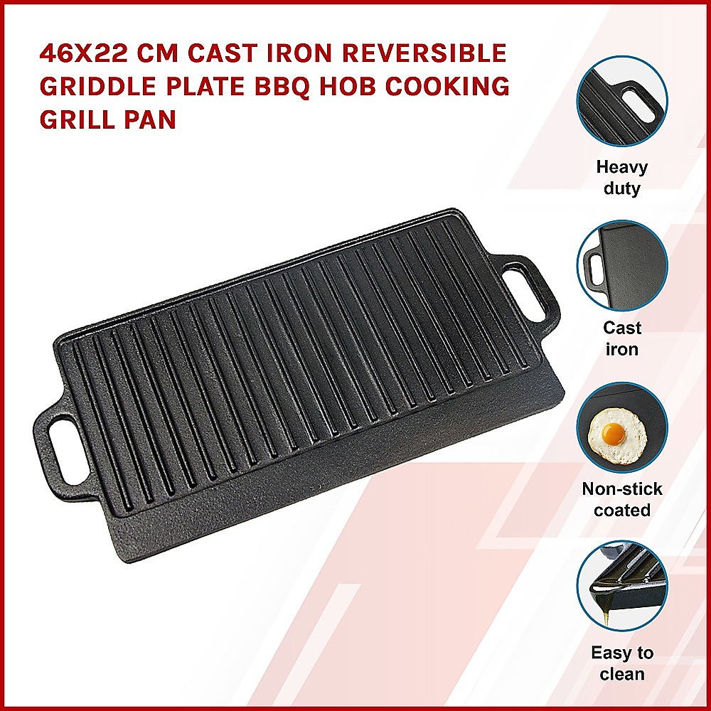 46x22 cm Cast Iron Reversible Griddle Plate BBQ Hob Cooking Grill Pan โ image 3