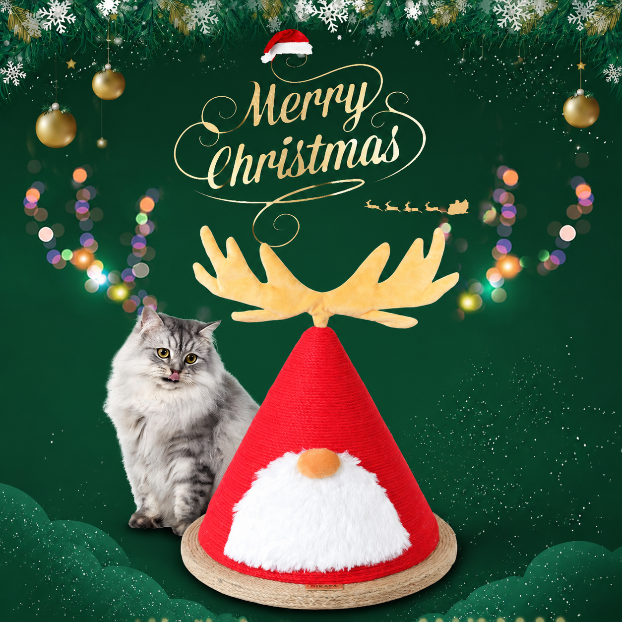 Delight Your Feline Friend with a Christmas Tree Cat Scratching Post – A Festive Conical Sisal Playground Complete with Plush Antlers, Whiskers, and