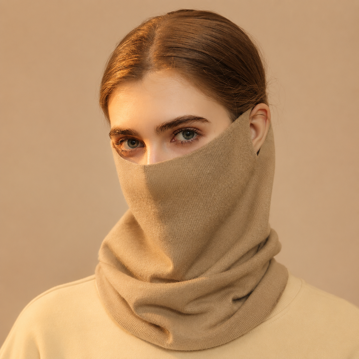 Khaki Women's Knitted Neck Warmer Snood - Ear Loop Face Cover, Warm Anti-Pilling Wind and Dust Coverage for Outdoor Sports, Cycling and Travel โ image 6