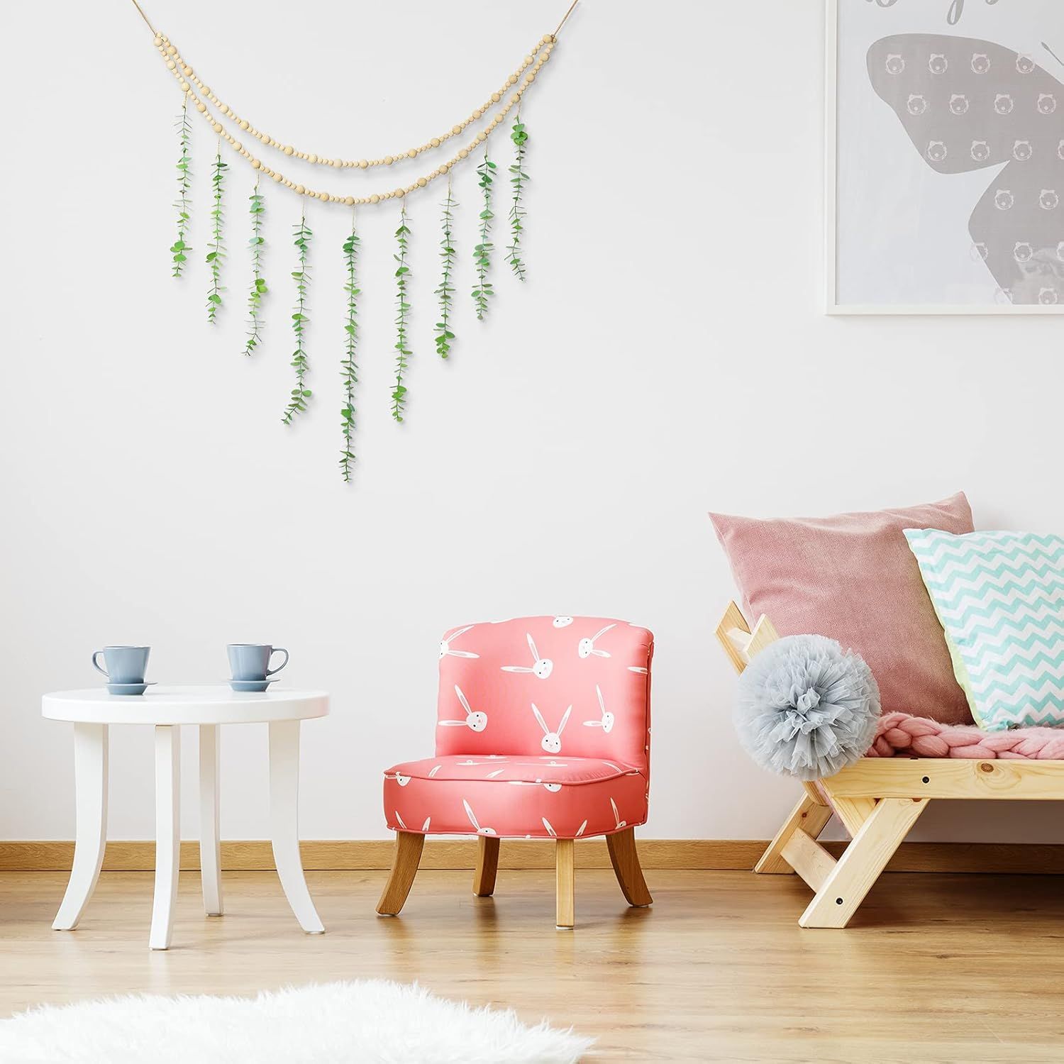 Hanging Eucalyptus Boho Wall Decor Large Boho Bedroom Wall Hanging Wooden Bead Garland Artiicial Eucalyptus Natural Greenery Decoration, 36 x 36 Inch โ image 6