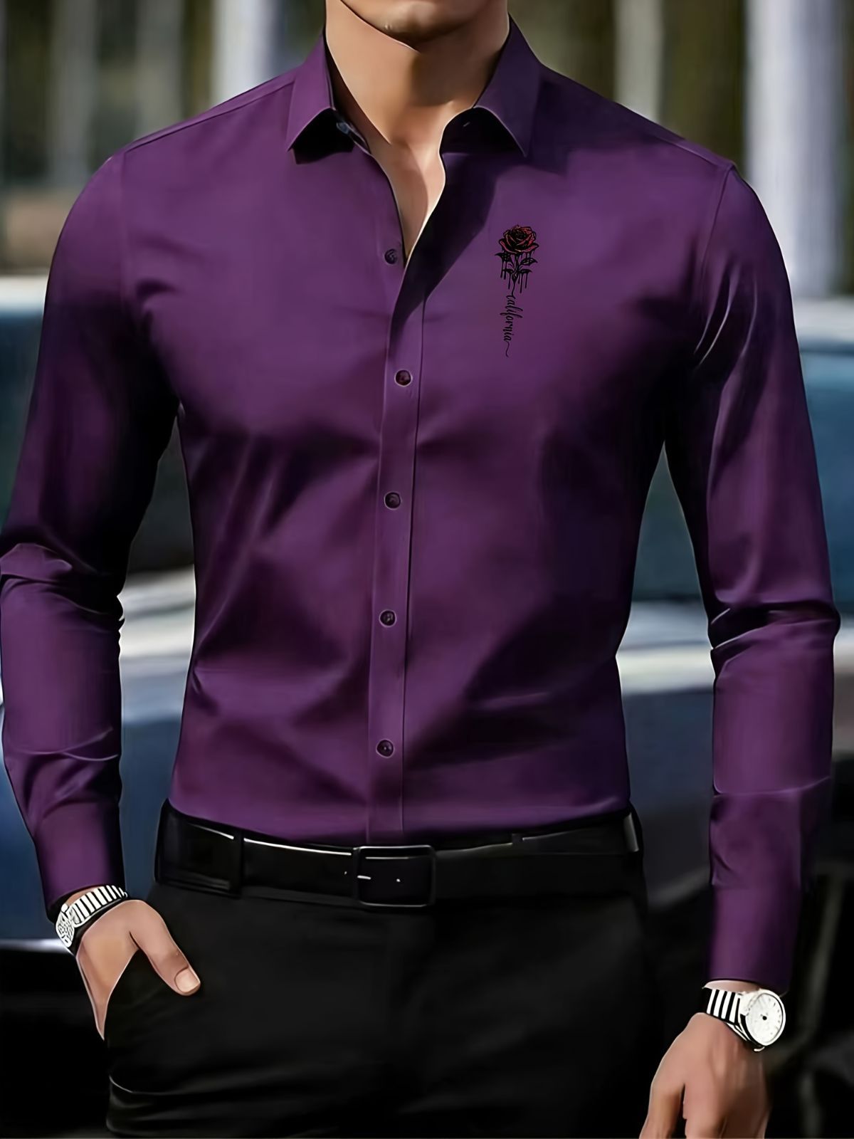 Men'S Formal Shirt Slim Fit Dress Shirt Long Sleeve Shirt Printed Shirt - Burgundy - Size 3XL(AU 3XL/EU56) — image 5