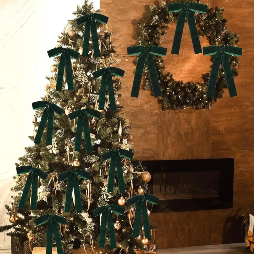 12 Christmas Bows Velvet Tree Decorations in Dark Green — image 2