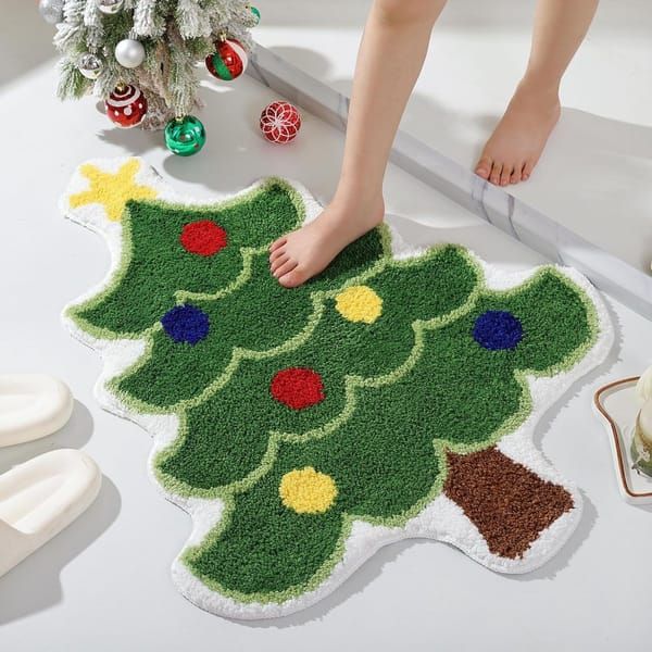 Christmas Tree Shaped Faux Cashmere Bath Rug, Festive Non‑Slip Home Floor Mat for Living Room