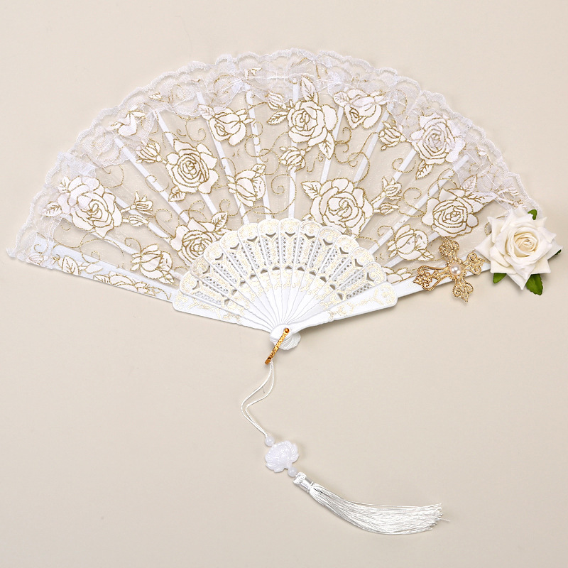 2 Pack White lace, white roses Vintage Lace Folding Fans Gothic Palace Style with Rose Cross Tassels for Tea Party Cosplay and Photo Props