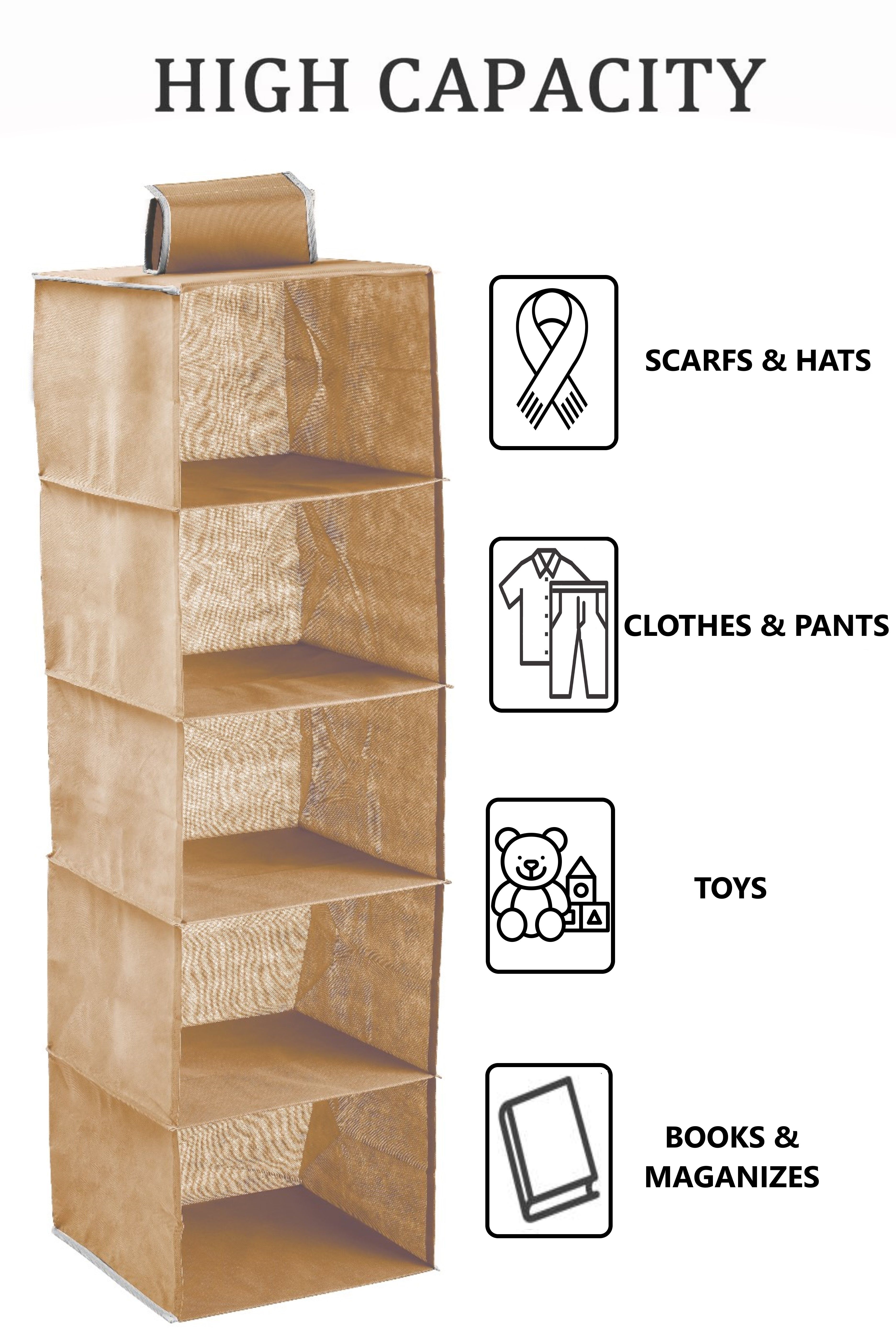 3 Pack 5-Tier Shelf Hanging Closet Organizer and Storage for Clothes (Beige) — image 3