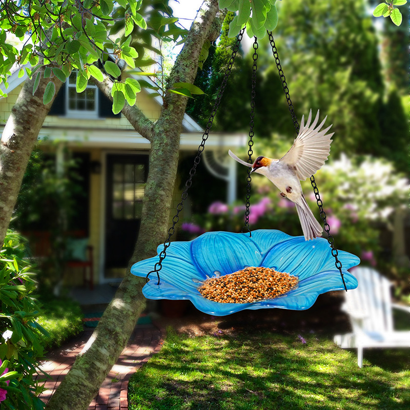 Blue Decorative Hanging Glass Flower Bird Bath - 10 Inch Vibrant Outdoor Garden Accent โ image 2
