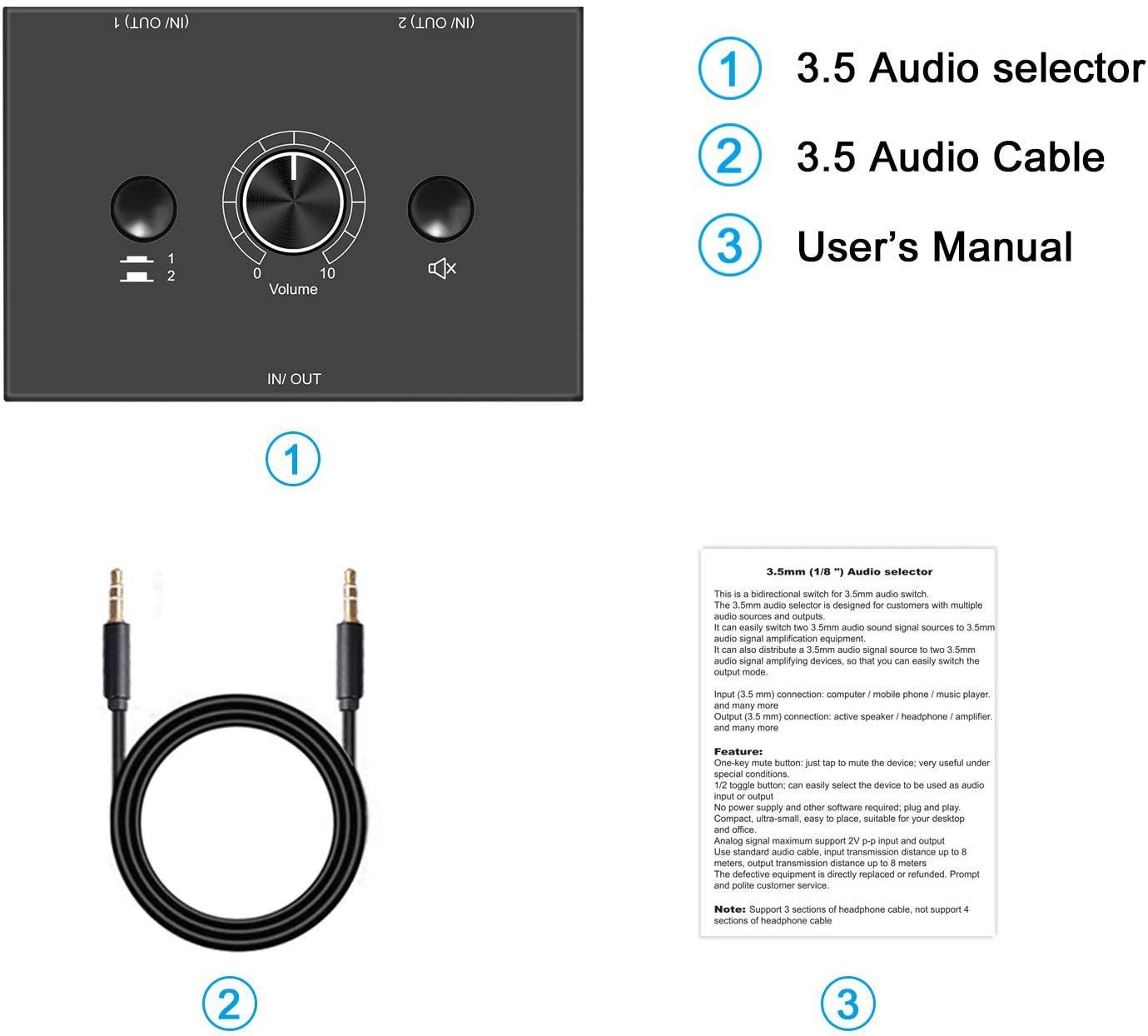 3.5mm Stereo Audio Switch Audio Switcher Passive Speaker Headphone Manual Selector Splitter Box Audio Sharing — image 2