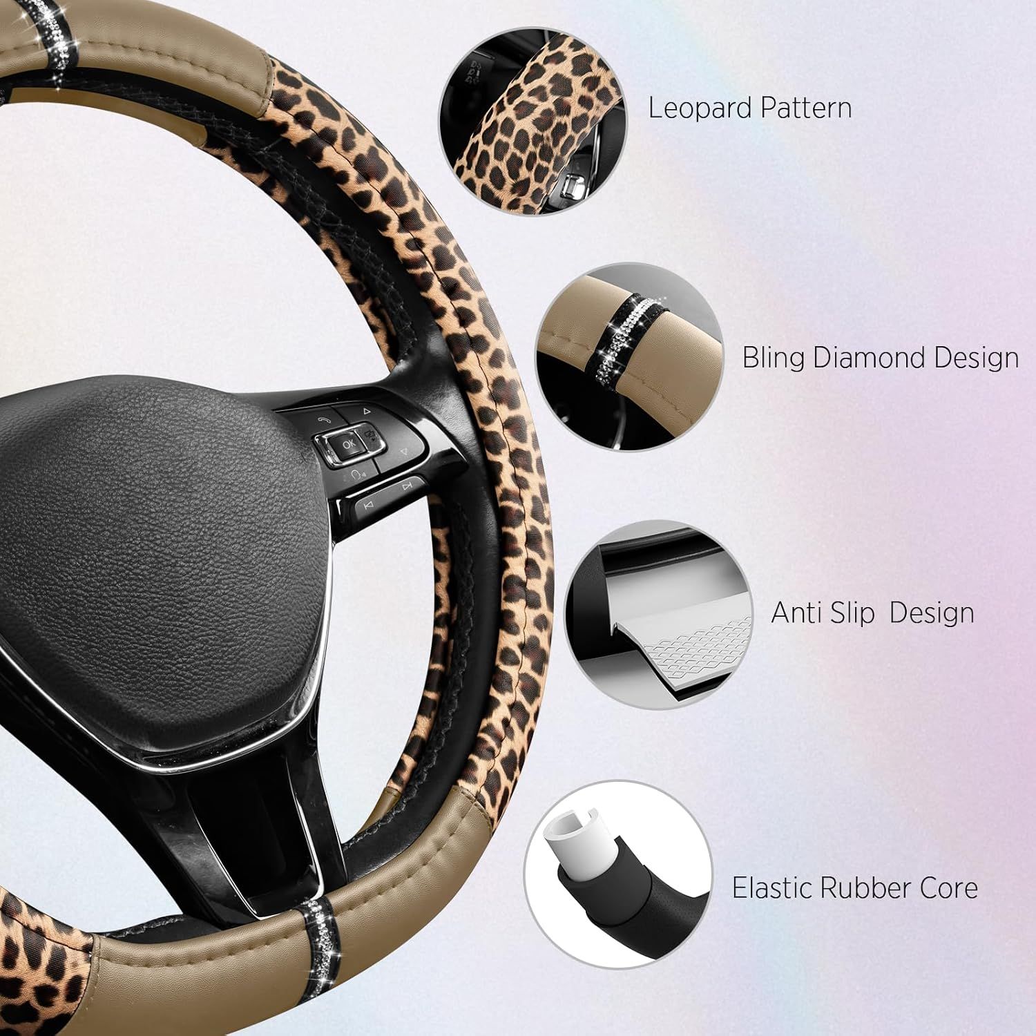Leopard Steering Wheel Cover for Women, Cute Anti-Slip Microfiber Leather, Fits D Shape Flat Bottom Steering Wheel 14.5-15 Inch - Beige โ image 4