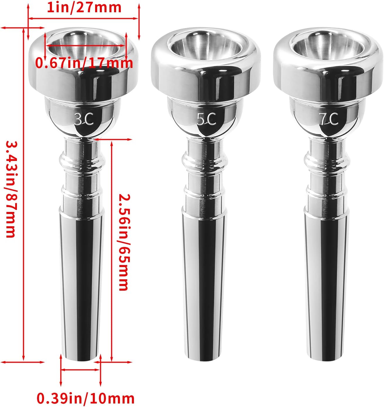 Biaungdo Trumpet Mouthpiece 7C 5C 3C, 3 Pcs Brass Material Silver Plated Trumpet Mouthpiece Set for Professional Players, Beginner β image 2