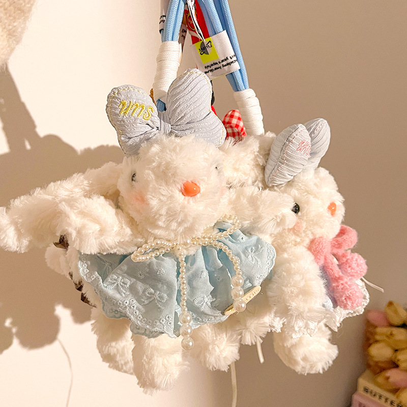 Light Pink Cute Floppy Eared Bunny Plush Doll with Pearl Necklace and Ribbon Dress - Adorable Keychain or Bag Charm for Girls(F-4974) — image 3