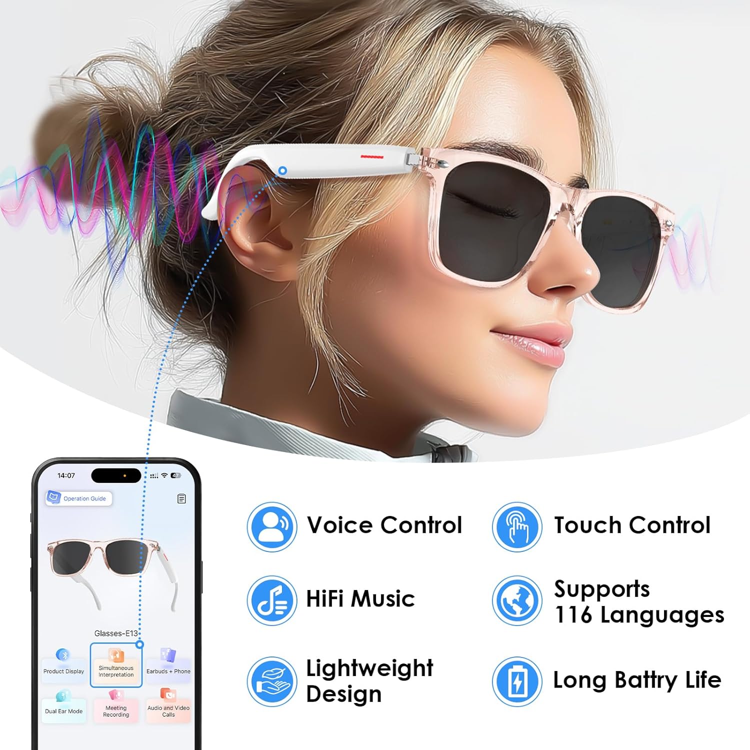 AI Smart Translation Sunglasses: UV400, Bluetooth, 110+ Languages, Voice Control – Ideal for Travel & Work (Pink) — image 2