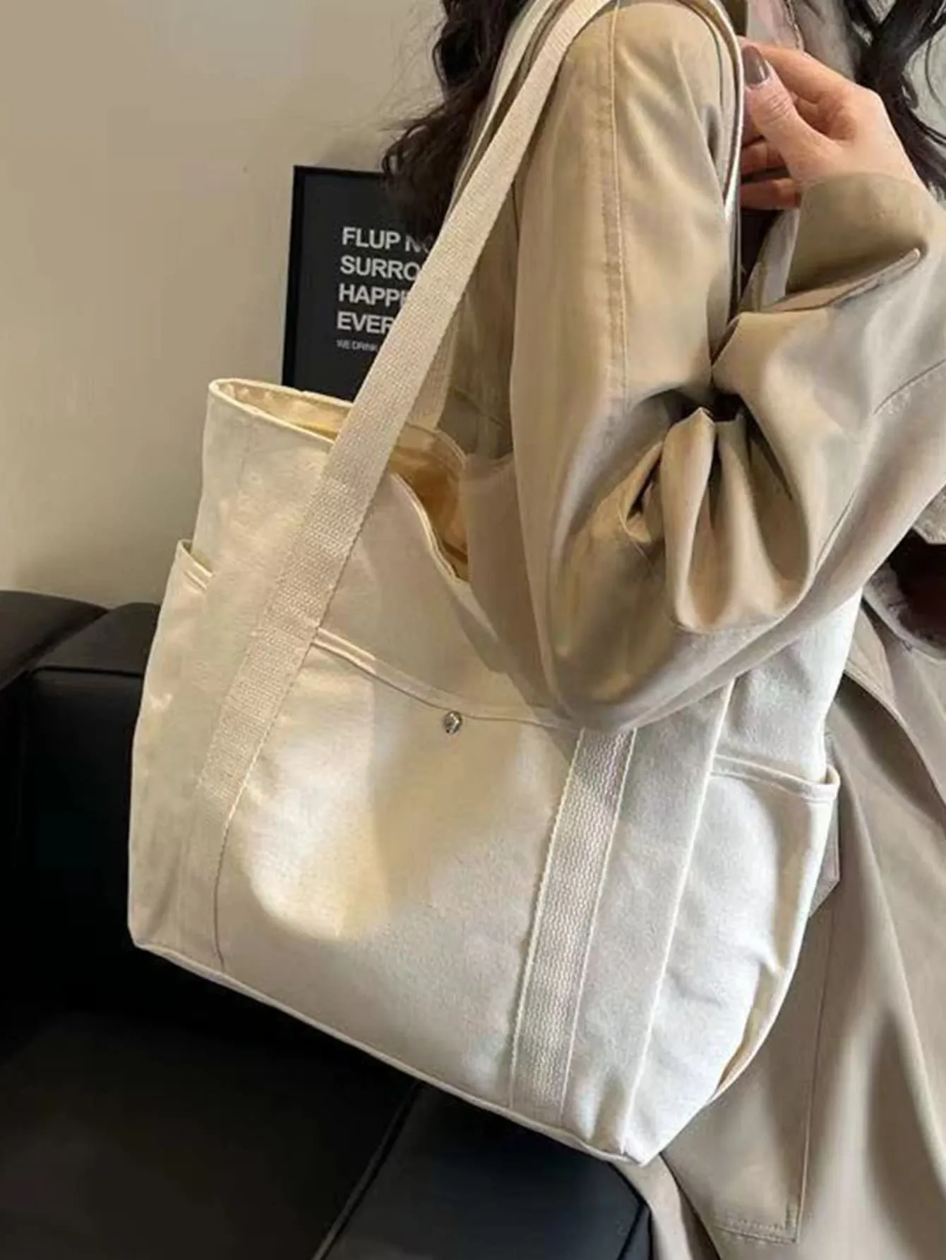 1Pcs Multi-Pocket Canvas Tote Bag – Large Capacity, Reusable, for Daily Use, Travel, Beach Bag, Office Tote Beige — image 2