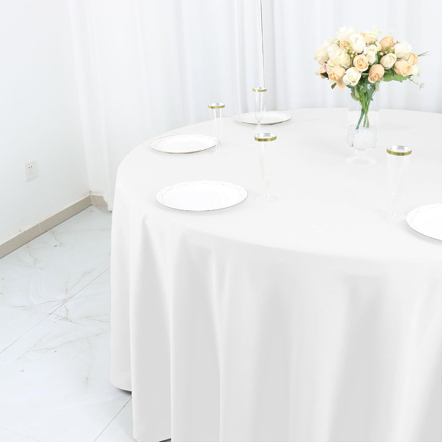 Efavormart White Cotton Blend Round Tablecloth 120" Seamless for 5 Foot Table with Floor-Length Drop — image 2