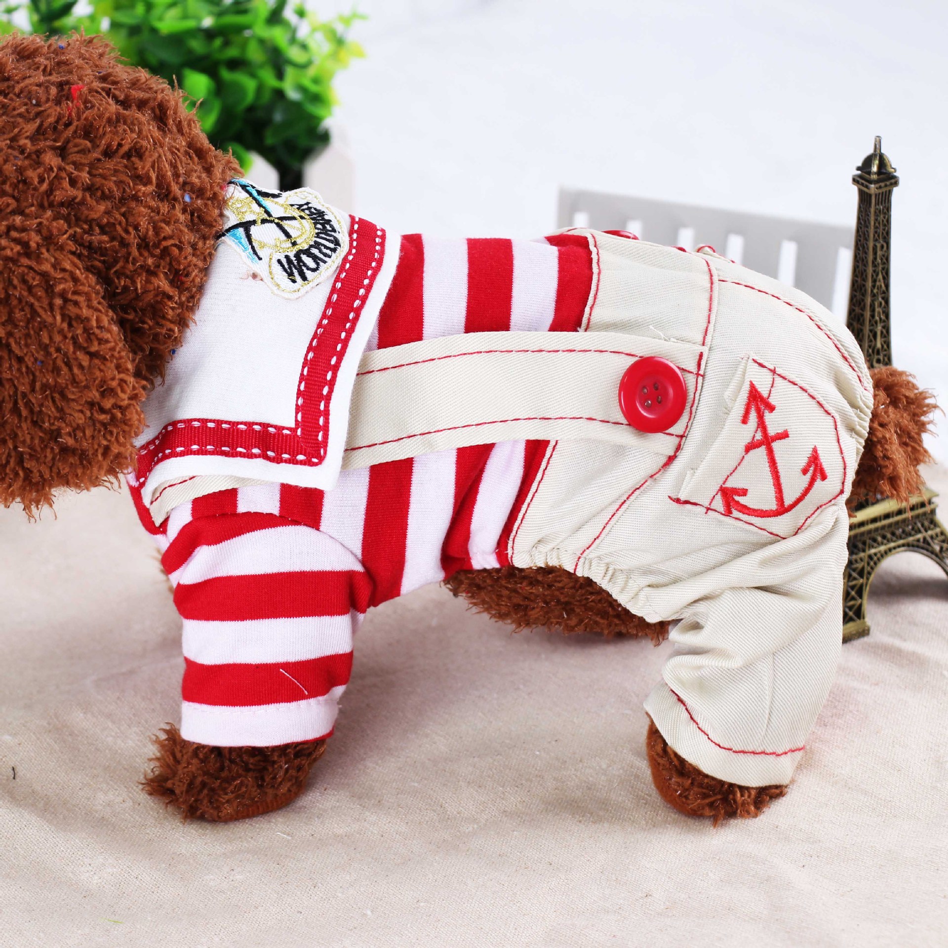 Red Cute Sailor Dog Outfit - Striped Shirt & Anchor Overalls for Small Dogs (Size: XL )