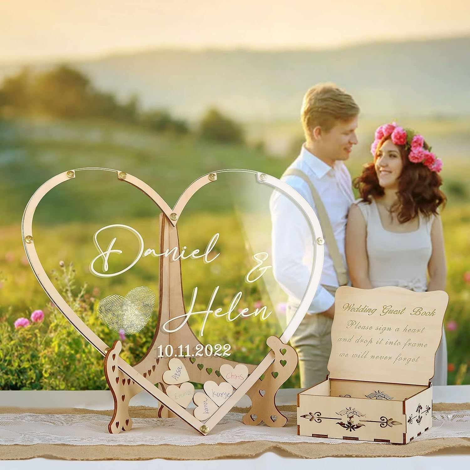 Wedding Fingerprint Guest Book Alternative,with Box and Small Hearts,Personalized Heart Drop Guest Sign — image 2